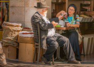 A pause for coffee and conversation, Yaffo Street, Jerusalem